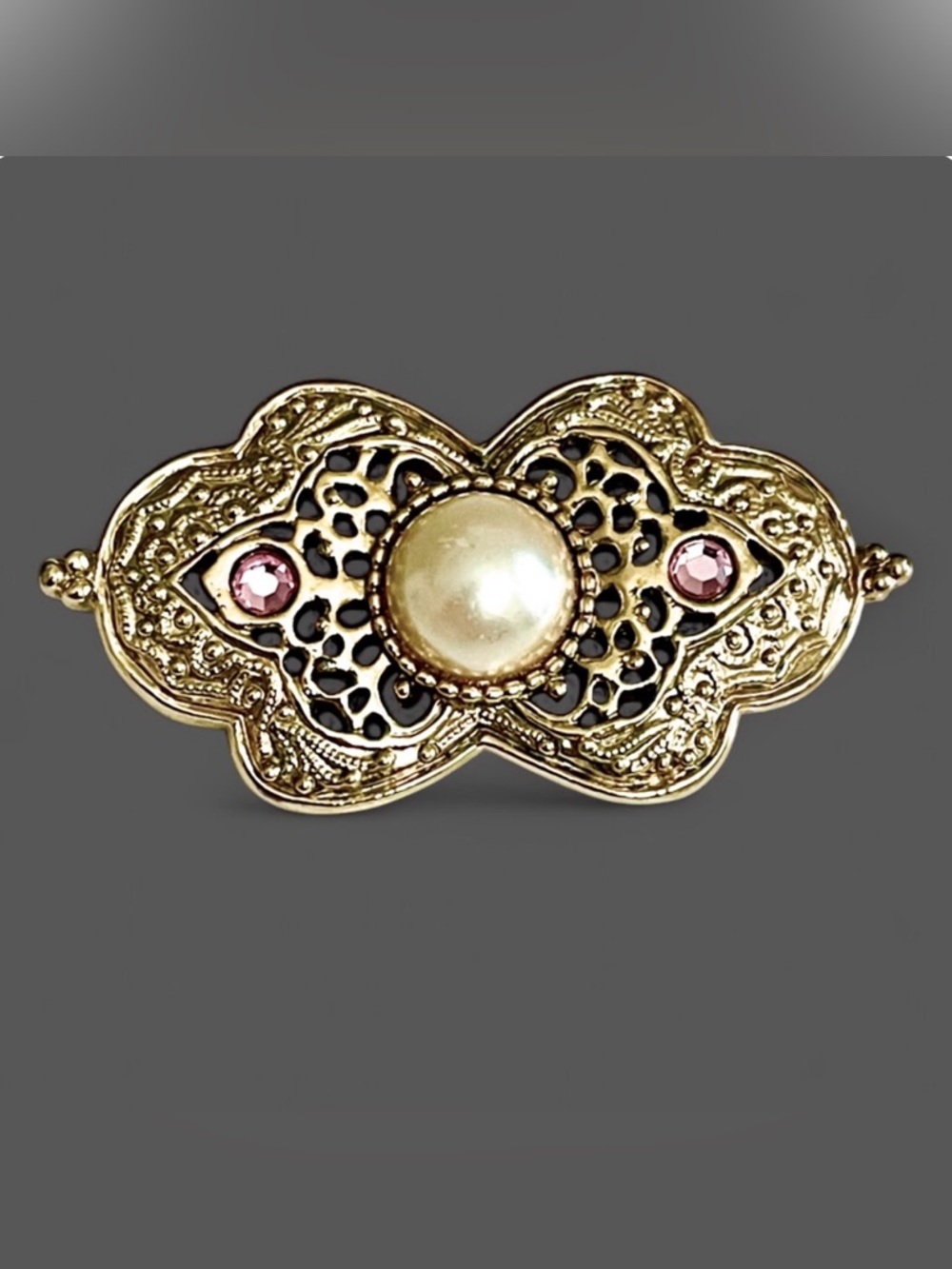 Vintage Gold Tone Faux Pearl Rhinestone Bar Brooch Pin Pink Ornate Filigree Chic